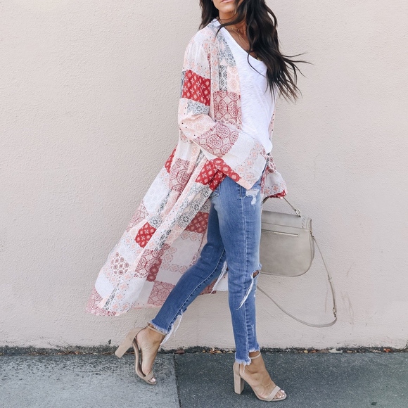 Patchwork Quilted Print American Blues Long Kimono - Picture 2 of 4